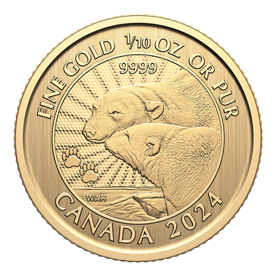A picture of a Pièce de 1/10 oz en or de 5 $ – La majestueuse ourse polaire et ses oursons (2024)